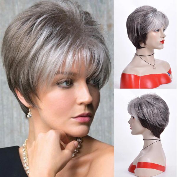 Perruques OUCEY perruques courtes pour femmes coupe de lutin perruques naturelles femmes cheveux raides perruque synthétique Ombre couleur Blonde perruque avec frange