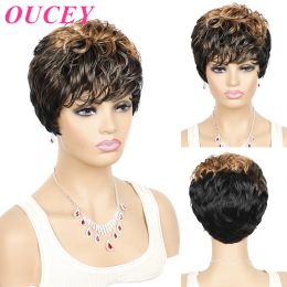 Perruques OUCEY perruques courtes femmes naturel ondulé perruques de cheveux synthétiques pour les femmes noir brun perruque femme coupe de lutin perruque avec frange