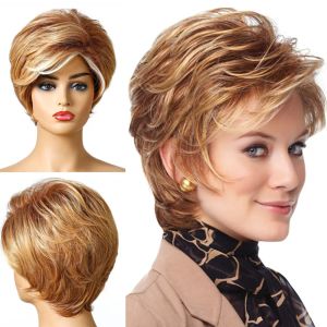 Perruques oucey perruques courtes Femmes perruques droites pour femmes Brun Brown Blonde thermure résistant aux cheveux synthétiques Pixie Coup Wig avec une frange