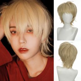 Perruques PAGEUP Mode Hommes Perruque Courte Jaune Clair Blonde Perruques Synthétiques Avec Frange Pour Homme Garçon Cosplay Costume Anime Halloween