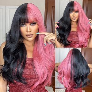 Pruiken roze en zwart lange golvende synthetische haarpruiken met pony cosplay kerst Halloween Hair Two Tone Pruik voor vrouwen hittebestendig