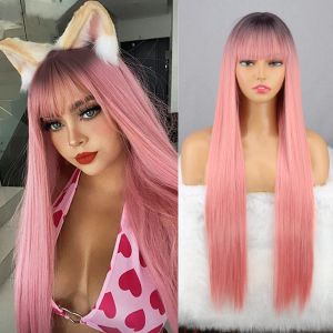 Wigs Pink Black Ombre Long Have Pony Rechte Haar Natuurlijke hittebestendige vezels Blond bruin zwarte cosplay voor vrouwen Dagelijkse slijtage pruiken