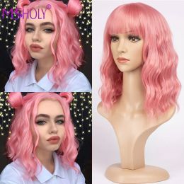 Perruques Pink Wavy Wig With Bangs Bob Bob Bob bouclé Bob Wavy synthétique Red Blonde Verpe Purple Perruques à haute température Cosplay Wig Msholy