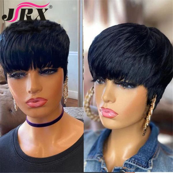 Perruques Pixie coupées courts de cheveux humains perruques vagues cheveux ondulés Machine Full Wigs Couleur noire sans glueless Peruvian Remy Hair for Women