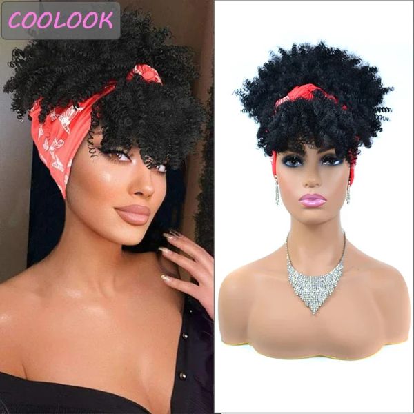 Perruques bouffantes bouffées de bande de bande de serrures courtes afro pneosique boucle bouclé perruque synthétique thermure de bande de serrure turban résistant perruques pour femmes noires