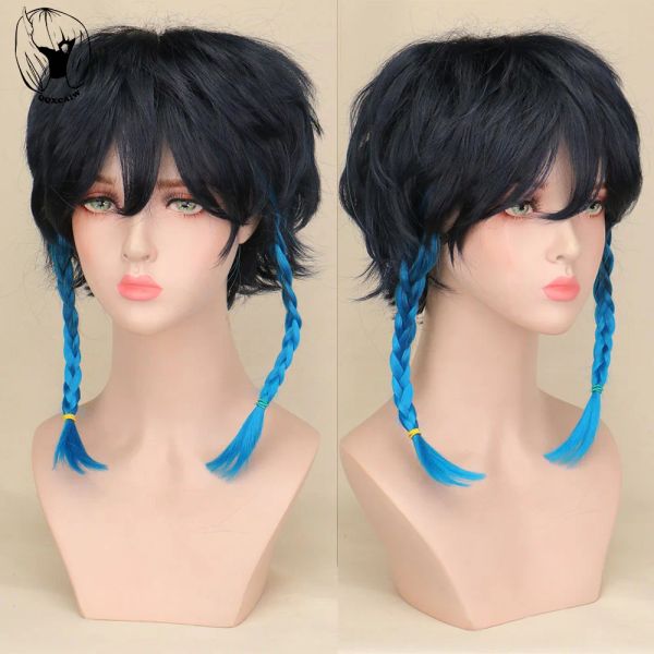 Perruques QQXCAIW cheveux synthétiques Genshin Impact Venti 50 cm perruques dégradé cheveux courts résistant à la chaleur Cosplay perruque