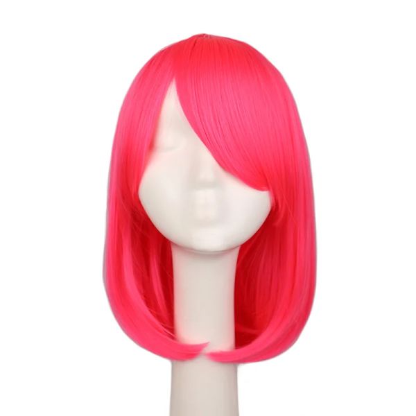 Perruques QQXCAIW Femmes Filles Bob Droite Cosplay Perruque Costume Fête Noir Blanc Bleu Rouge Rose 40 Cm Perruques De Cheveux Synthétiques