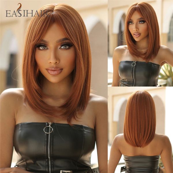 Perruques Red Brown Synthétique Perruque synthétique Medium Longue Copper Copin Ginger Natural Hair Wig With Bangs for Women Cosplay Wig résistant à la chaleur