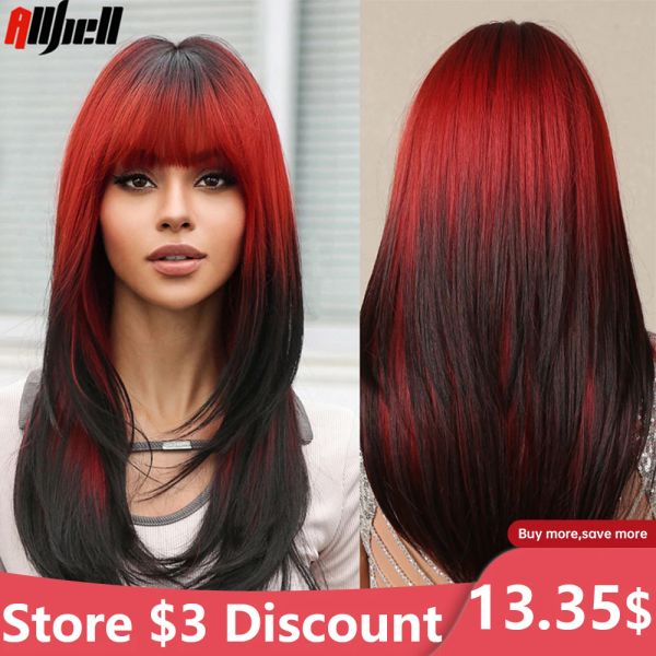 Perruques Red ombre Black Cosplay Hair Synthetic Wig avec une frange pour les femmes Long Loue Layered Halloween Party Wig Natural Heat Rendre