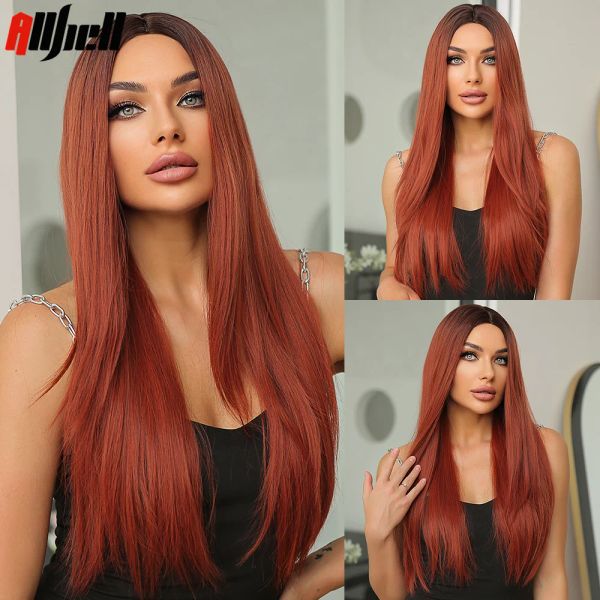 Perruques Red ombre Wigs synthétiques pour les femmes noires Long Natural Cosplay Hair Wig Part moyen résistant à la chaleur Utilisation de la fête d'Halloween