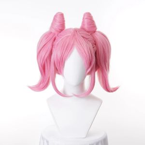 Pelucas Sailor Moon Sailor Chibi Usa Chibiusa corta rosa con clip de cola de caballo pelo sintético resistente al calor pelucas de disfraz + gorro de peluca