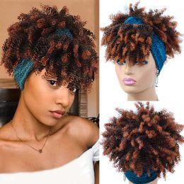 Perruques courtes Afro Kinky Curly Bandband Wigs Synthétique Turban Wrap Hair Wig With Puff Bangs DrawString Band Elastic Band Wig For Women