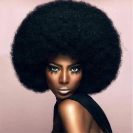 Pelucas Peluca de pelo esponjoso sintético rizado rizado corto afro con flequillo para mujeres negras peluca africana sin cola Natural negro hinchado pelo Cosplay