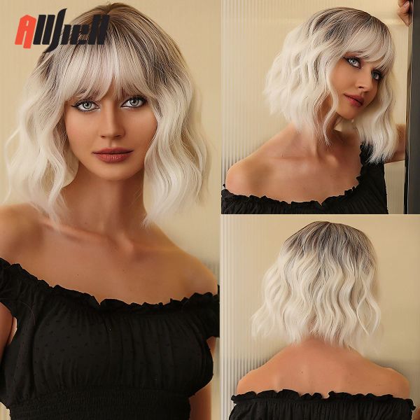 Perruques courtes bob perruques synthétiques Black Platinum ombre perruque avec frange pour femmes Blonde Body Wig Wig Respectant Cosplay Party Hair