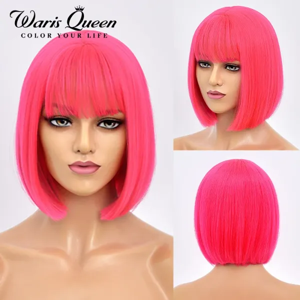 Pelucas Peluca Bob Corta con Flequillo Pelucas sintéticas para Mujeres Recta Ombre Rosa Rojo Rosa 12 Pulgadas Resistente al Calor Lolita Cosplay Party Hair