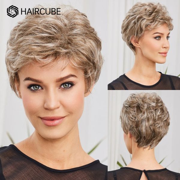 Perruques courtes brunes brunes blondes perruques blondes pour femmes Pixie Pinde boucle Bob Wigs avec bang naturel quotidien utilise les cheveux kanekalon synthétique Femme perruque