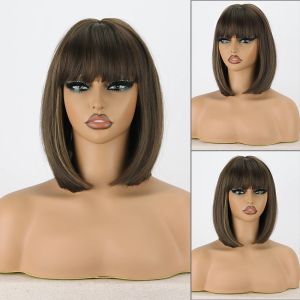 Perruques courtes courtes brunes avec une bangs naturel bob perruque lolita perruques quotidiennes pour les femmes de bonne qualité des perruques synthétiques cosplay