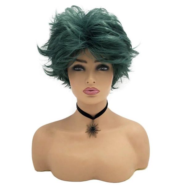 Perruques courtes Cosplay perruque synthétique droite légèrement bouclés cheveux vert foncé pour femmes ou hommes couvre-chef