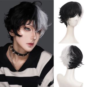 Pelucas Peluca masculina rizada corta Negro Blanco Amarillo Medio Cosplay Disfraz de anime Pelucas de Halloween Pelo sintético con flequillo para hombres, niños y mujeres