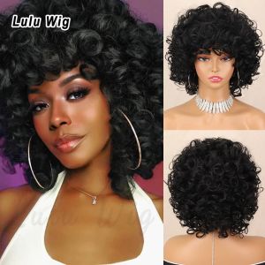 Perruques courtes courtes bouclées pour femmes noires Soft Black Big Curly Wig avec une frange afro Curls Curls THEAU RÉSISTANT NATURE