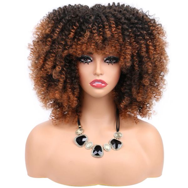 Perruques cheveux courts Afro crépus bouclés perruque avec frange pour les femmes noires Cosplay Lolita synthétique naturel sans colle brun mixte blonde perruques