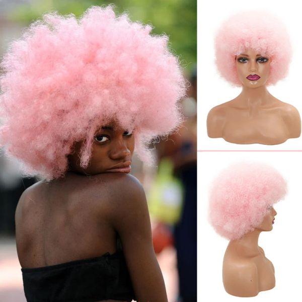 Perruques cheveux courts Afro crépus bouclés perruques pour femmes noires haute bouffée perruque synthétique avec frange doux moelleux africain Cosplay rose perruque blonde