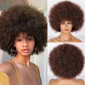 Pruiken Kort haar Afro Kinky Krullende Pruiken Met Pony Voor Zwarte Vrouwen Afrikaanse Synthetische Ombre Lijmloos Cosplay Natuurlijk Blond Bruin Pruik