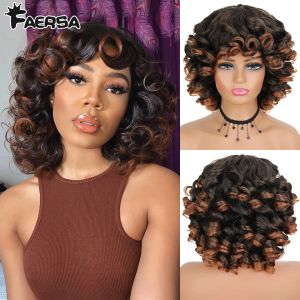 Perruques courtes courtes afro perruques bouclées coquines avec une frange pour femmes noires duvelue synthétique africain ombre sans glueless Cosplay Natural Brown Wigs