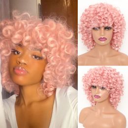 Pelucas cortas y holgadas pelucas rizadas para mujeres hinchadas sintéticas cosplay pelucas para el cabello con flequillo rosa marrón jengibre afro rizado peluca rizada