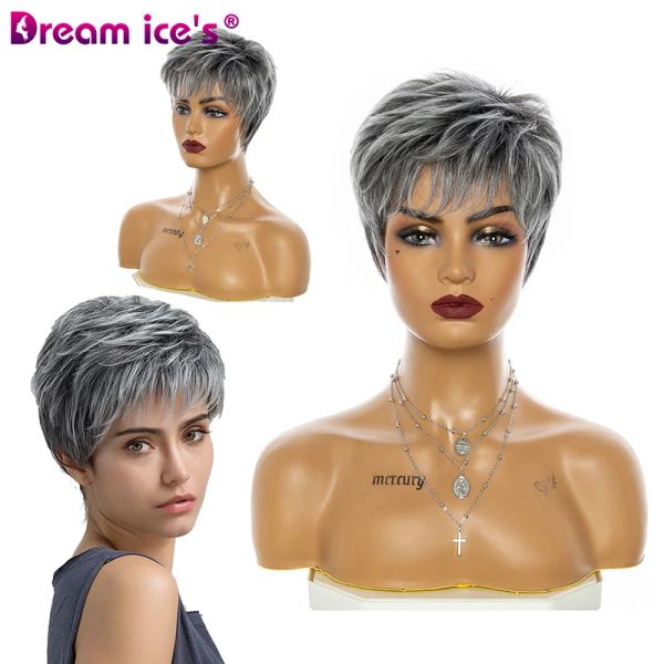 Perruques courtes mixtes gris vague droite perruque synthétique avec frange pour les femmes coupe de lutin faux cheveux fibre de résistance à la chaleur Cosplay utilisation quotidienne