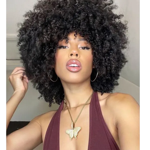 Perruques courtes nature afro perruque hautement bouffée Afro Curly Wigs avec une frange cheveux synthétiques naturels pour une femme noire résistante à la chaleur