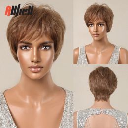 Perruques courte pixie coupée blonde brun-perruques synthétiques pour les femmes perruque naturel en couches raides avec une frange moelleuse cheveux quotidiens résistants à la chaleur