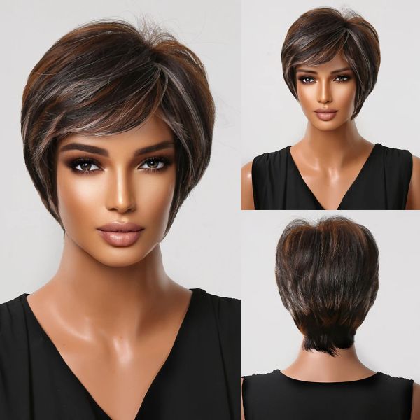 Perruques courte pixie coupées perruque brune avec des perruques synthétiques blonds en surbrillance pour les femmes noires, faux coiffures, perruques de cosplay