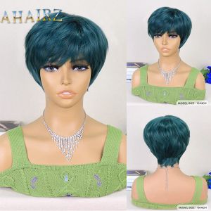 Wigs Korte Pixie Cut Peacock Green Synthetische pruiken Natuurlijke rechte gelaagde pruik met donzige pony voor vrouwen Dagelijkse hittebestendig haar