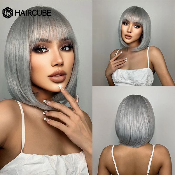 Perruques courtes coiffure bob raide perruques de cheveux avec des perruques synthétiques résistantes à la chaleur pour femmes argentés gris cosplay perruques naturelles