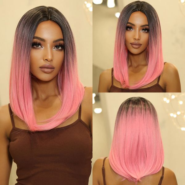 Pelucas cortas rectas rosa pelucas sintéticas dak raíz ombre hasta el hombro cabello intermedio para mujeres negras cosplay resistente al calor