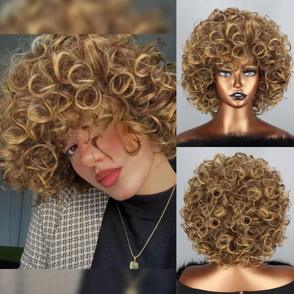 Perruques à perruque courte Gold Gold Synthétique Afro Curly Pinky Wig With Bangs Natural Wig For Women's Women's Time Resistant Fibre Fibrey Hair