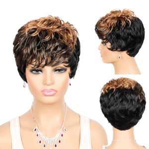 Perruques courtes perruques femmes vague naturelle perruques pour femmes couleur noire fibre résistante à la chaleur cheveux synthétiques coupe de lutin perruque avec frange