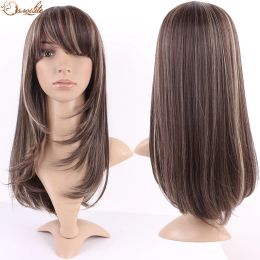 Perruques snoilite cheveux synthétiques perruque brune raide avec une frange pour les femmes noires fausses coiffes perruques résistantes à la chaleur pour afro-américain