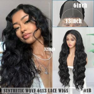 Wigs Soku 13x6 13x4 Synthetische kant voorpruiken 32 inch Lange lichaamsgolf Fluffy trendy pruik voor zwarte vrouwen voorgeplukt met babyhaar