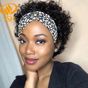 Wigs SSH Korte krullende sjaal hoofdbandpruiken afro knik Kinky krullend haar pruik tulband wrap pruik Braziliaanse Remy Human Hair Pruiken voor zwarte vrouwen