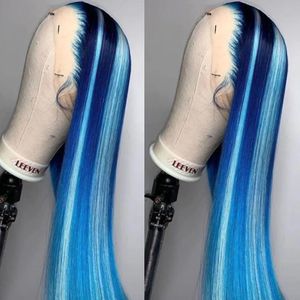 Pelucas rectas resaltas de encaje azul pelucas frontales peluca para cabello humano para mujeres brasileño sin glúer de encaje completo peluca frontal resistente al calor sintético