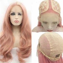 Pruiken Sylvia Wig Synthetische T Lace Voorpruiken Peach Pink Pruik Lange golvende pruik hittebestendige vezels Lange golvende pruiken