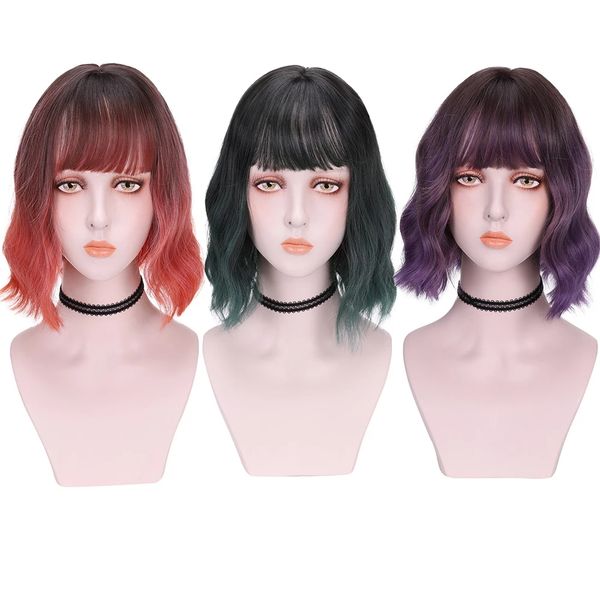 Pelucas de mezcla sintética de pelo corto, peluca de Cosplay suave de ondas profundas con flequillo para mujer, peluca colorida rizada