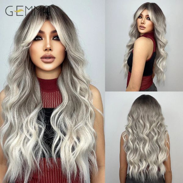 Pelucas sintéticas marrón gris Rubio Ombre peluca larga ondulada con flequillo rizado Cosplay peluca de pelo Natural para mujeres negras fibra resistente al calor