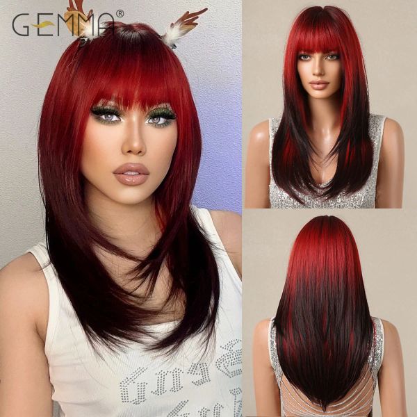 Pelucas Peluca de Cosplay sintética Ombre Rojo a Negro Peluca Larga y Recta con Flequillo Pelucas de Pelo de Fiesta de Navidad en Capas para Mujeres Resistentes al Calor