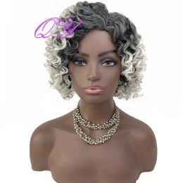 Perruques synthétiques perruque bouclée avec frange gris mélangé blanc court Afro femmes partie latérale délié mode coiffure perruques