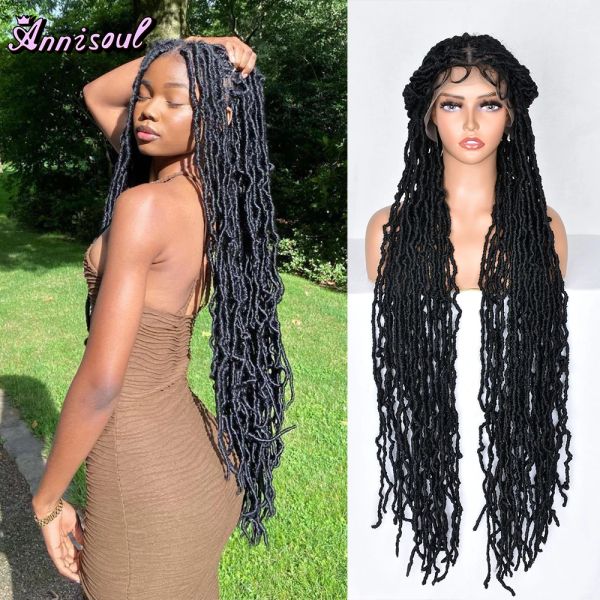 Perruques synthétiques en dentelle pleine perruque tressée Locs Crochet Natural Traided Hair Artificial Wig Traid 40 pouces de long Curly Black Woman's Wig