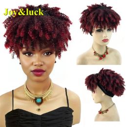 Pelucas Peluca con diadema sintética corta Borgoña Afro Curlys con flequillo pelucas mujeres africanas uso diario pelo rojo vino