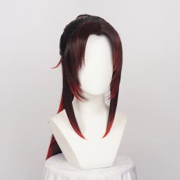 Pruiken Synthetische Kokushibou Cosplay Zwart Rood Ombre Paardenstaart Hittebestendig Haar Halloween + Pruik Cap